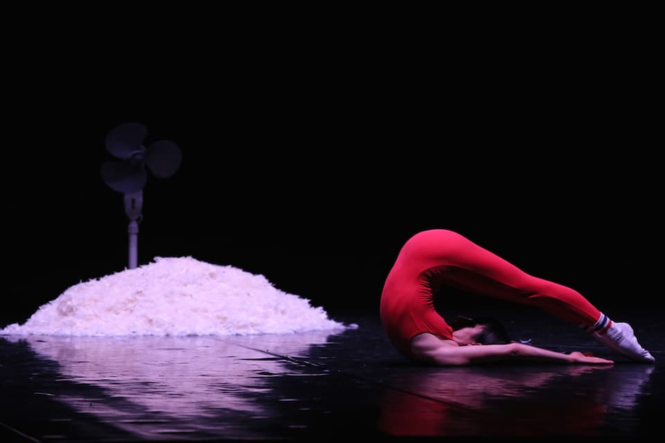 Contortionist in red leotard on stage performance.
