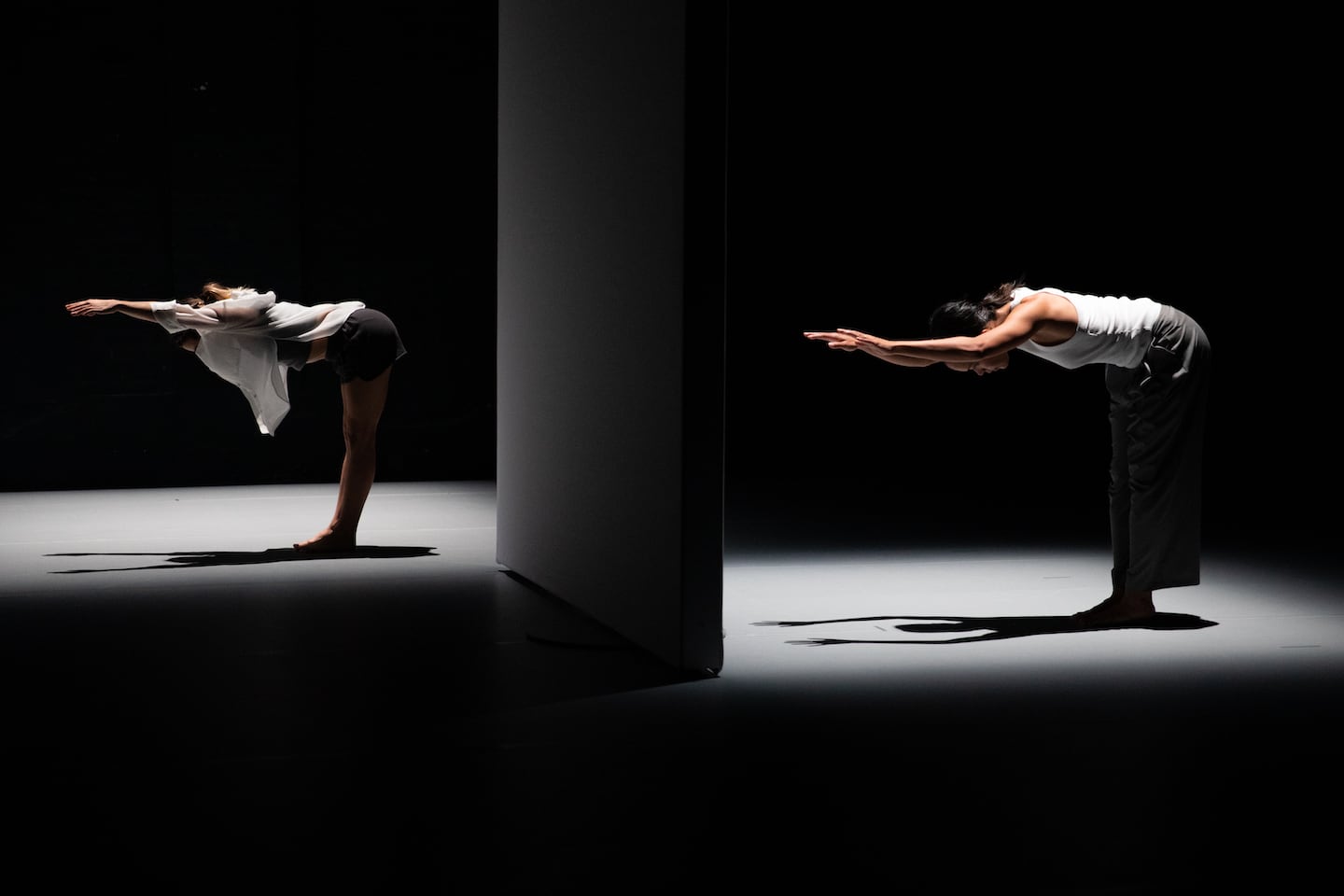 Two dancers mirrored in spotlight