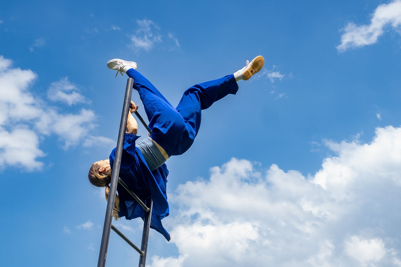 An acrobat defies gravity atop a ladder under open skies. The daring pose captures strength, balance and precision.