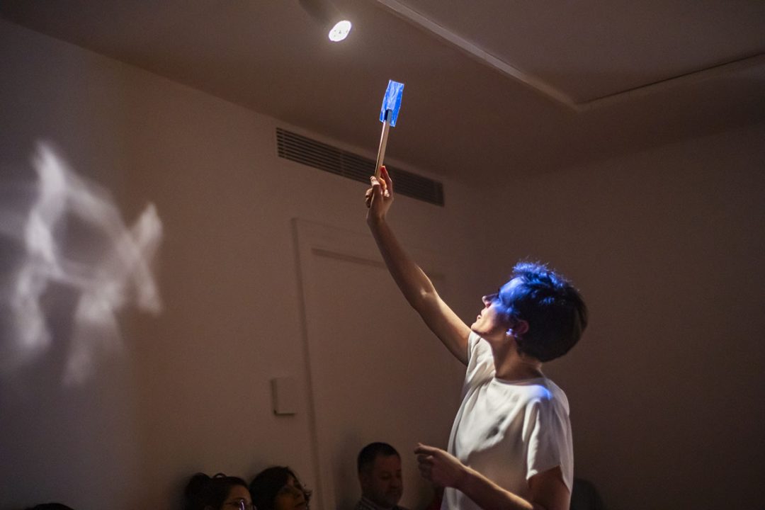 Exploring light and shadow indoors. A simple object transforms the room with colour and shape.