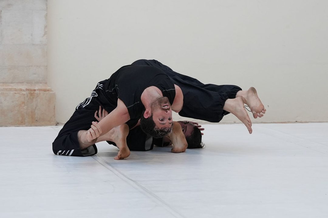 Two men performing acrobatic contemporary dance on floor